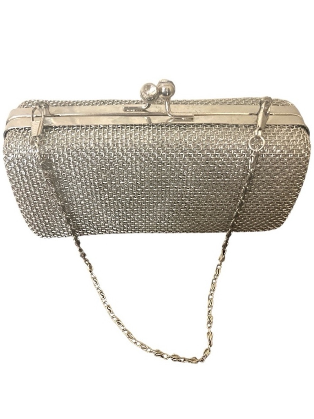 Silver toned mesh evening bag purse chain handle